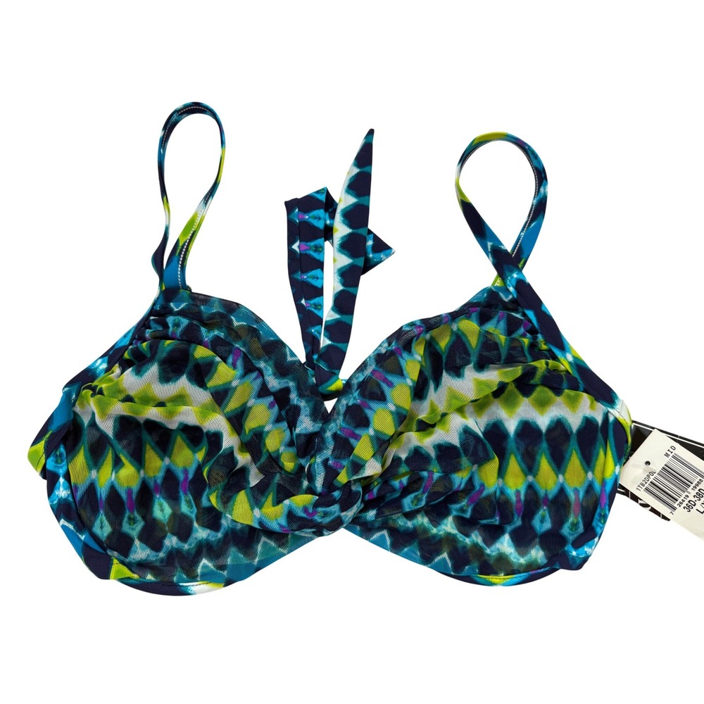 2Bamboo Bra Sized Bikini Top Blue Green Ikat Underwire 36D-38D L/XL NWT